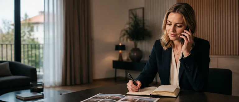 Maklér spracúva nový dopyt k nehnuteľnosti pri pracovnom stole.