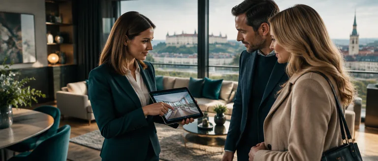 Maklér ukazuje záujemcom virtuálnu prehliadku bytu na tablete.